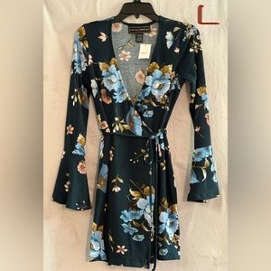 LADIES DK BLUE DRESS WITH AQUA, BRONZE & PINK FLOWERS